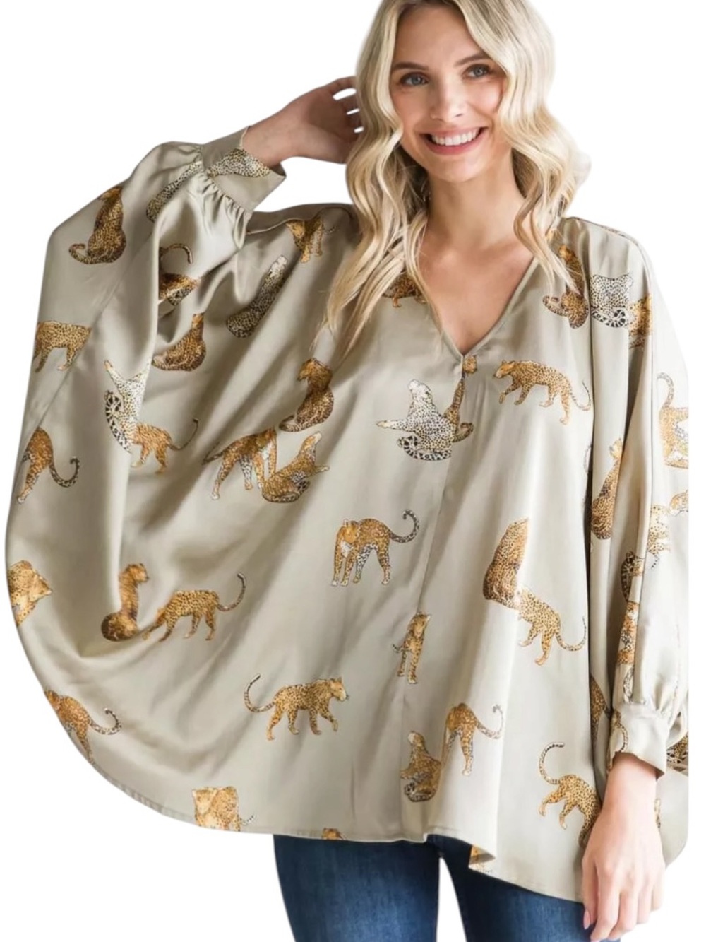 Jodifl Cheetah Print Boho Dolman Sleeve Dull SaTin V-neck Flowy Top